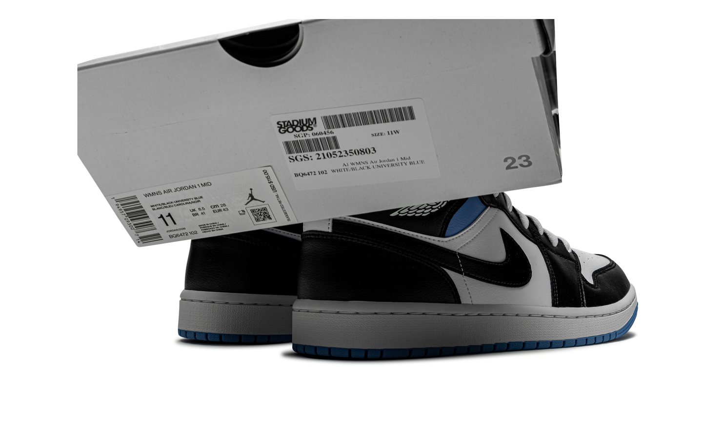 AIR JORDAN 1 MID WMNS "Black / White / University Blue"